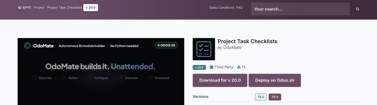 Odoo Apps Store listing for the Project Task Checklists module, showing version 20.0