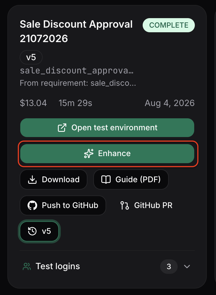 Sale Discount Approval module card in OdoMate at version v5 with the Enhance button highlighted