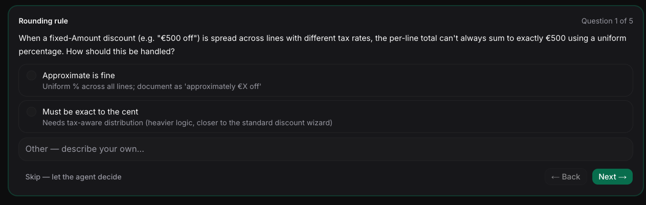 OdoMate clarifying question about the rounding rule for a fixed-amount discount spread across lines with different tax rates